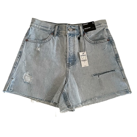 Express Light Jean Denim Super High Rise Distressed Cotton Mom Shorts Women’s 2 - Picture 13 of 13